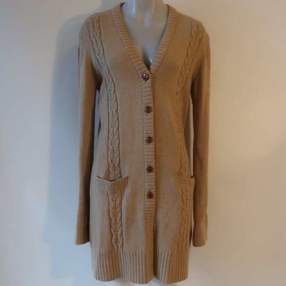 Womens Escada Camel Wool Cashmere Silk Midi Duster Cardigan Sweater 36 US/S - Picture 1 of 16